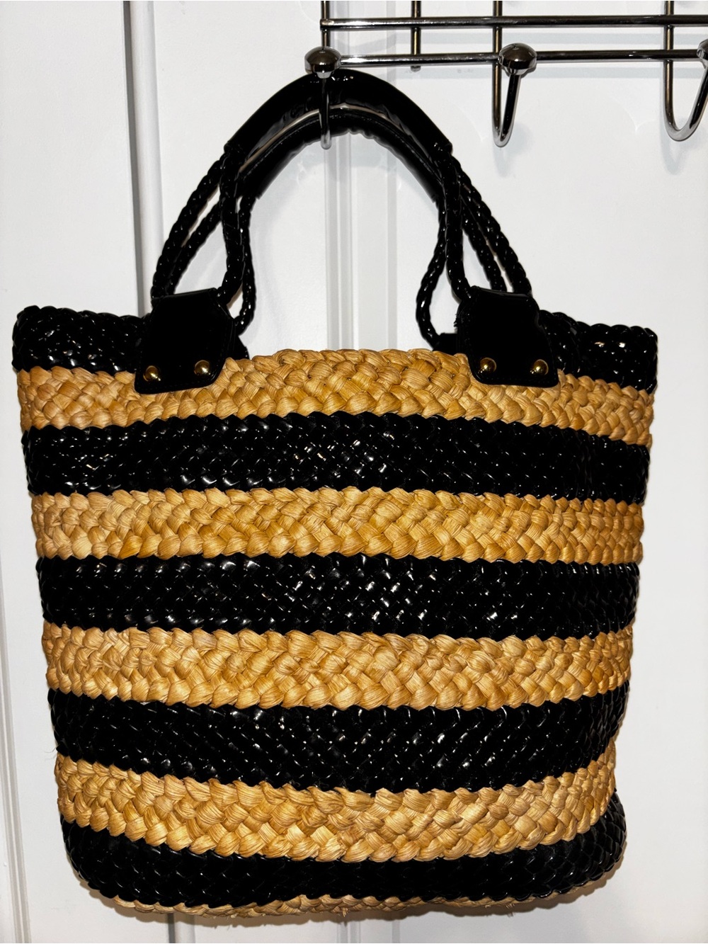 Talbots New Black and Tan Striped Woven Tote Bag
